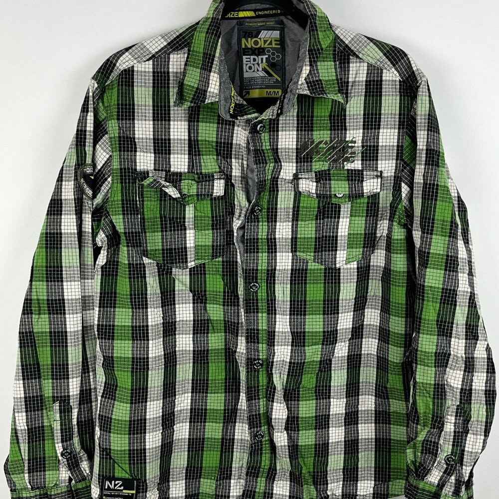 Noize Casual Button Down Shirt SIze M Green Gray Long Sleeve Pockets Cotton